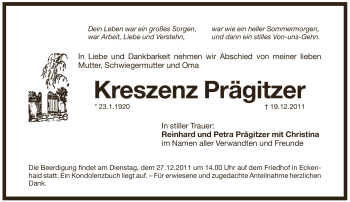 Traueranzeige von Kreszenz Prägitzer von Pegnitz-Zeitung